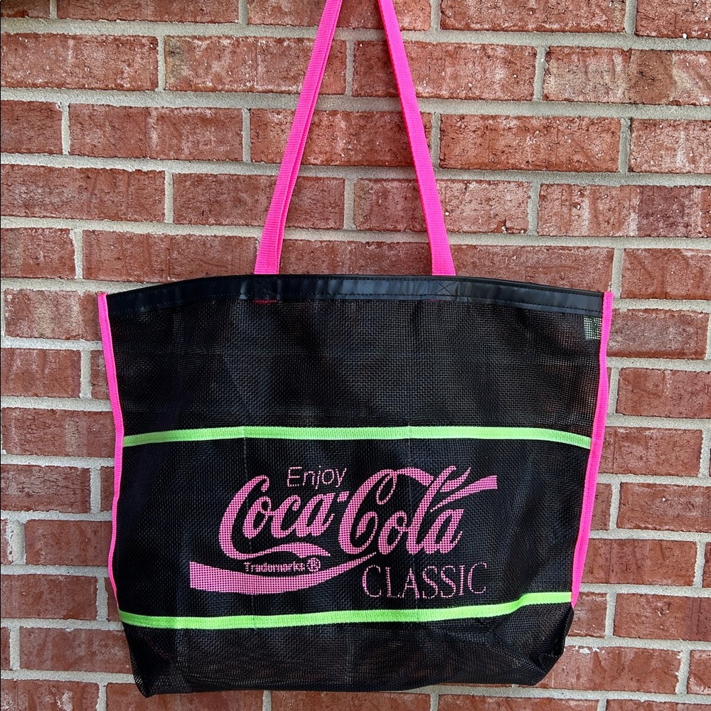 COCA COLA CLASSIC Black Mesh Nylon Multi-Colored Logo Oversized Extra Large Tote